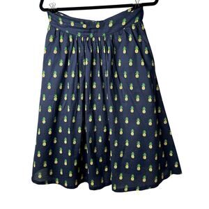 Mo:Vint NY Navy Pineapple Print Pleated Tie Pocket Circle Cotton Midi Skirt SM
